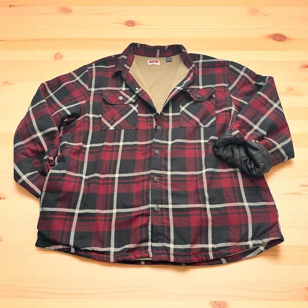 Wrangler Red Plaid Sherpa Lined Shacket | Men’s 2XL | Quilted Sleeve Jacket